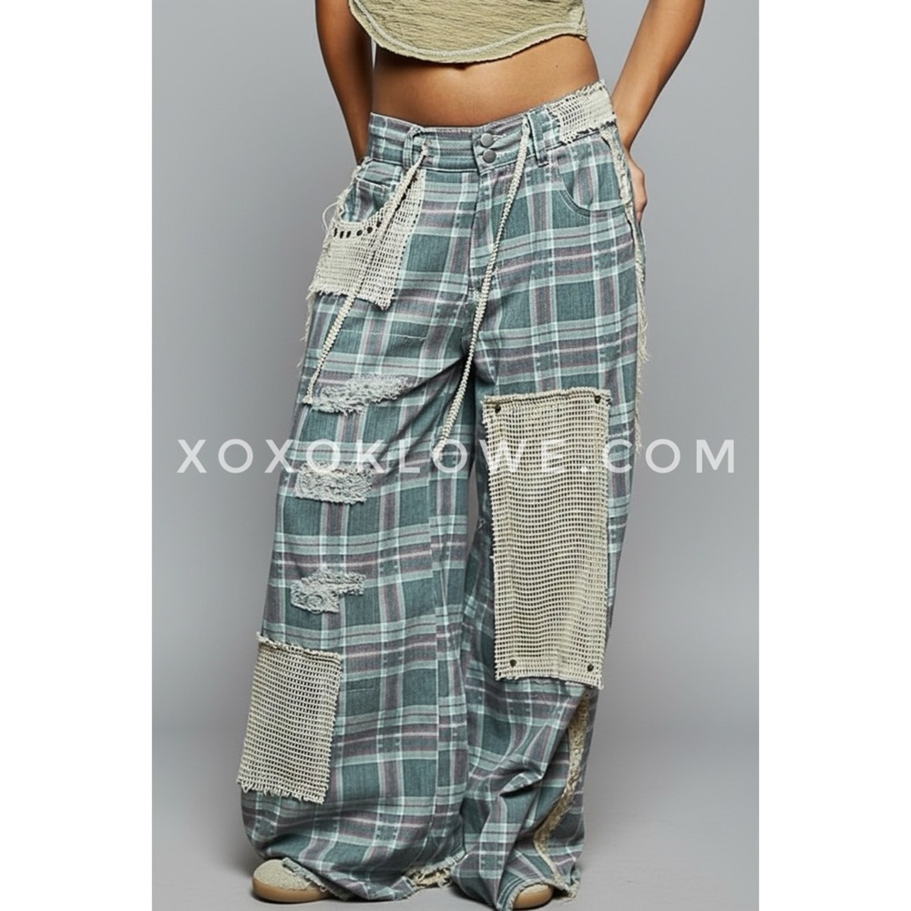 POL Blue Plaid Distressed Patchwork Wide Leg Jeans | Studded Denim Pants